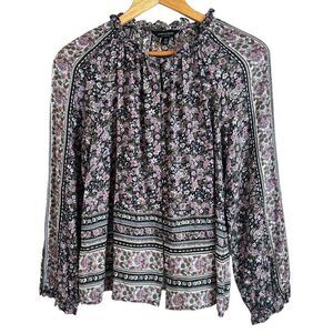 Lucky Brand Floral Boho Ruffle Collar Button Up Blouse Size Small